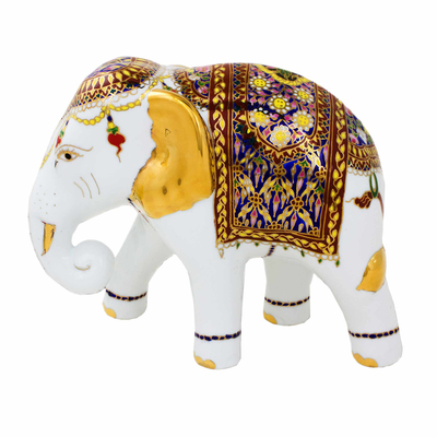 Porcelain Thai Elephant Statuette with Gold and Enamel