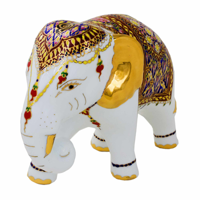 Benjarong porcelain statuette, 'Elegant Elephant' - Porcelain Thai Elephant Statuette with Gold and Enamel