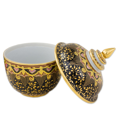 Benjarong porcelain jar, 'Thai Royal Pride' - Hand Painted Thai Decorative Benjarong Porcelain Jar