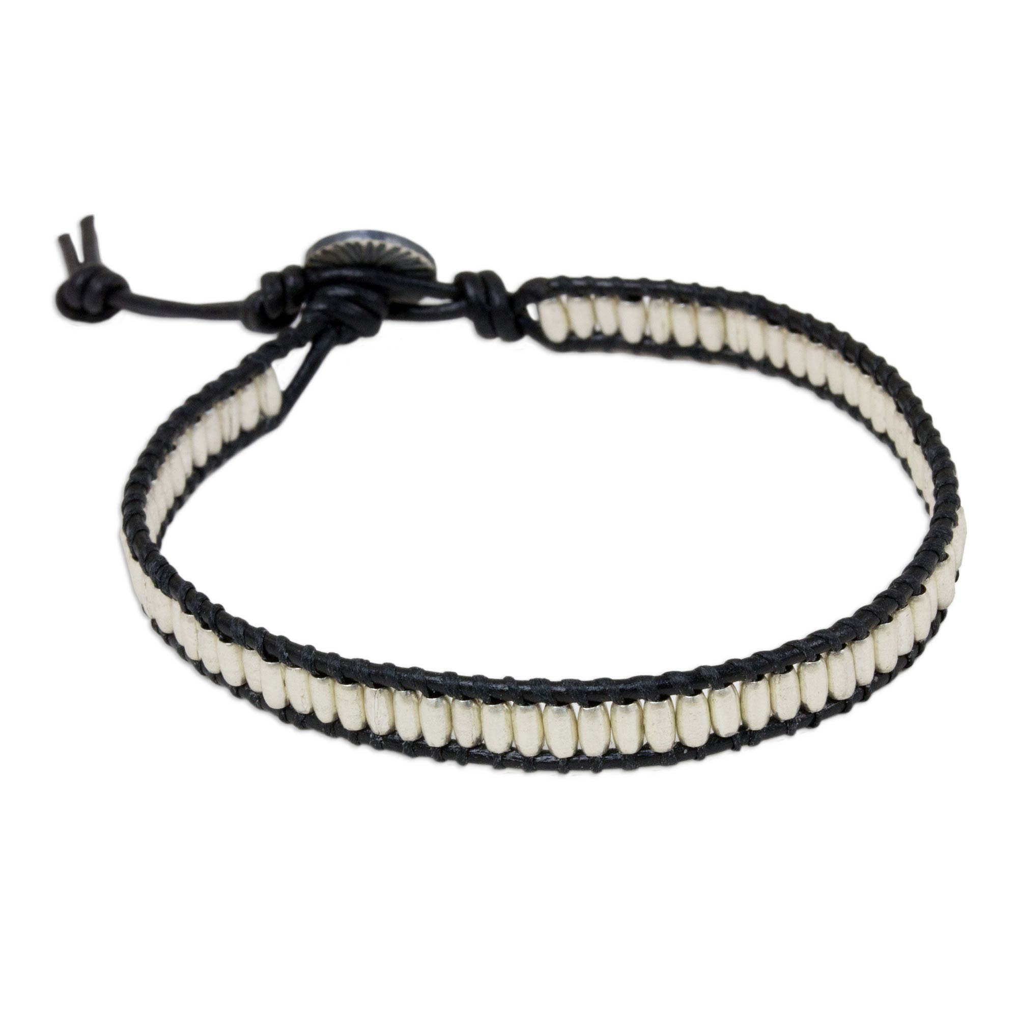 UNICEF Market  Hand Crafted Silver Bead and Leather Cord Bracelet - Matte  Chic