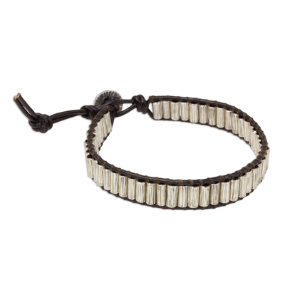 Silver and leather beaded cord bracelet, 'Karen Shimmer' - Silver and Leather Beaded Cord Bracelet from Thailand