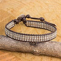 Silver and leather beaded cord bracelet, 'Karen Spiral' - Hand Crafted Silver and Brown Leather Beaded Bracelet
