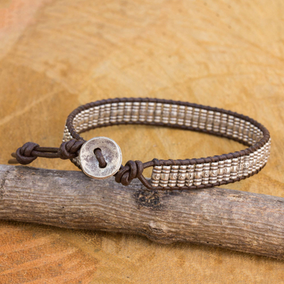 Silver and leather beaded cord bracelet, 'Karen Spiral' - Hand Crafted Silver and Brown Leather Beaded Bracelet