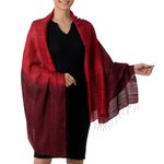 100% silk shawl, 'Red Peony' - Artisan Crafted 100% Silk Shawl with Fringe from Thailand