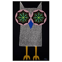 'Fantasy Owl II' - Original Signed Thai Stretched Painting of Owl in Acrylics