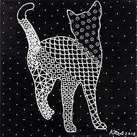 'Happy Cat' - Signed Black and White Acrylic Painting of Cat from Thailand