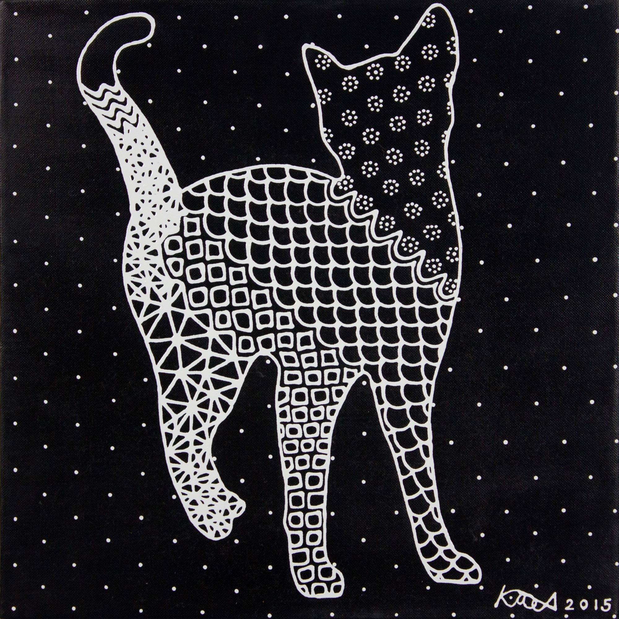 Signed Black and White Acrylic Painting of Cat from Thailand - Happy Cat |  NOVICA