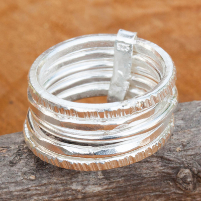 Sterling silver band ring, 'Karen Quintet' - Five Linked Hand Crafted Hill Tribe Silver Band Rings