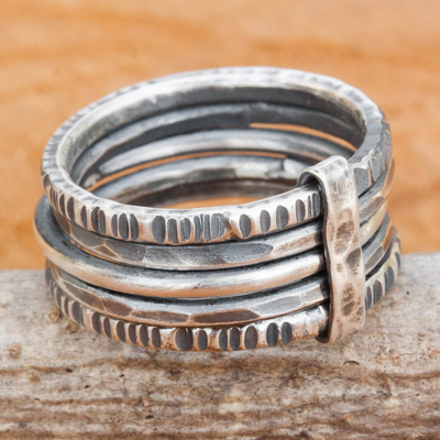 Sterling silver band ring, 'Dark Karen Quintet' - Hand Crafted Hill Tribe Dark Silver Five Linked Band Rings