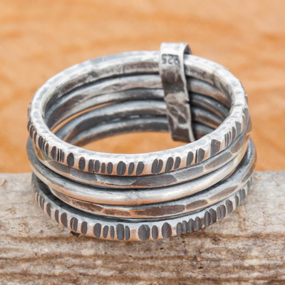 Sterling silver band ring, 'Dark Karen Quintet' - Hand Crafted Hill Tribe Dark Silver Five Linked Band Rings