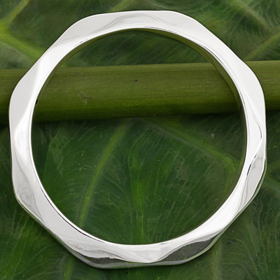 Sterling silver bangle bracelet, 'Sleek Beauty' - Sterling Silver Hexagonal Bangle Bracelet from Thailand