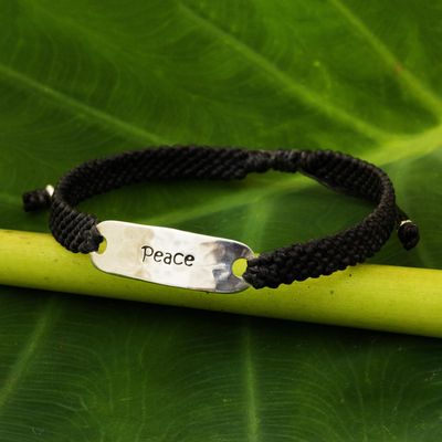 Sterling silver accent wristband bracelet, 'Peace in Charcoal' - Sterling Silver Wristband Braided Bracelet from Thailand