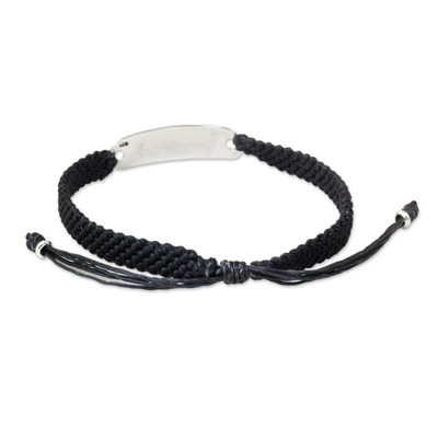 Sterling silver accent wristband bracelet, 'Peace in Charcoal' - Sterling Silver Wristband Braided Bracelet from Thailand