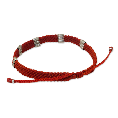 Silver accent wristband bracelet, 'Karen Bamboo in Scarlet' - 950 Silver Accent Braided Wristband Bracelet from Thailand