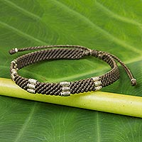 Silver accent wristband bracelet, 'Karen Bamboo in Taupe' - 950 Silver Accent Wristband Bracelet from Thailand
