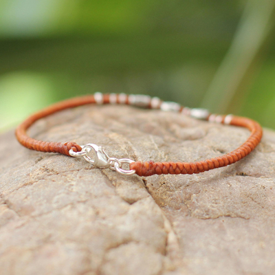 Silver accent wristband bracelet, 'Bamboo Bracelet in Rust' - Sterling Silver Accent Wristband Bracelet from Thailand