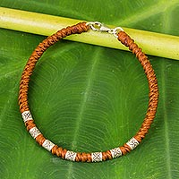 Silver accent wristband bracelet, 'Happy Flower in Rust'