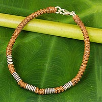 Silver accent wristband bracelet, 'Thai Sabai in Caramel' - Sterling Silver Braided Wristband Bracelet from Thailand