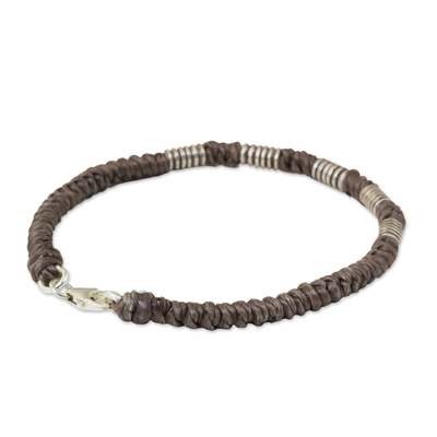Silver accent wristband bracelet, 'Beautiful Jungle in Taupe' - Sterling Silver Wristband Braided Bracelet from Thailand