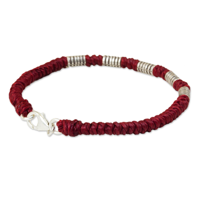 Silver accent wristband bracelet, 'Beautiful Jungle in Crimson' - Red Cord Wristband Braided Bracelet with Silver Beads