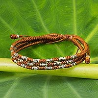 Silver accent wristband bracelet, 'Forest Thicket in Rust' - 950 Silver Accent Wristband Braided Bracelet from Thailand