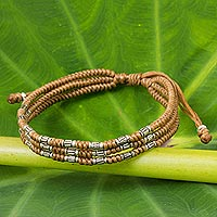 Silver accent wristband bracelet, 'Forest Thicket in Tan' - 950 Silver Accent Wristband Braided Bracelet from Thailand