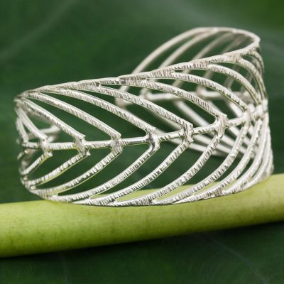 Sterling silver cuff bracelet, 'Rainforest Leaf' - Thai 925 Sterling Silver Cuff Bracelet in Leaf Motif
