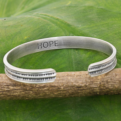 Sterling silver cuff bracelet, 'Sterling Hope' - Karen Sterling Silver Inscribed Cuff Bracelet Thailand