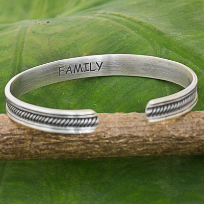 Sterling silver cuff bracelet, 'Sterling Family' - Hand Made Sterling Silver Cuff Bracelet Inscription Thailand