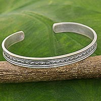 Sterling silver cuff bracelet, 'Mom and Dad' - Karen Tribe Sterling Silver Cuff Bracelet Cross Thailand