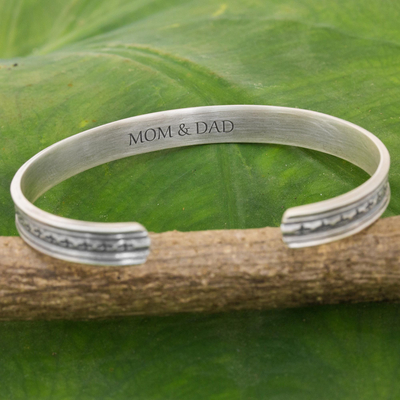 Sterling silver cuff bracelet, 'Mom and Dad' - Karen Tribe Sterling Silver Cuff Bracelet Cross Thailand