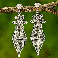 Sterling silver dangle earrings, 'Daisy Diamond' - Thai Handcrafted Sterling Silver Daisy Dangle Earrings