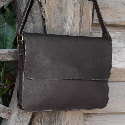 Leather messenger bag, 'Smooth Espresso' - Artisan Crafted Flap Messenger Bag in Espresso Brown Leather