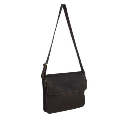 Leather messenger bag, 'Smooth Espresso' - Artisan Crafted Flap Messenger Bag in Espresso Brown Leather