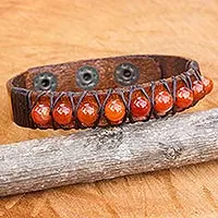 Carnelian and leather wristband bracelet, 'Rock Walk in Orange'