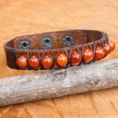 Carnelian and leather wristband bracelet, 'Rock Walk in Orange' - Hand Crafted Carnelian and Leather Band Bracelet