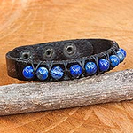 Artisan Crafted Lapis Lazuli and Leather Band Bracelet, 'Rock Walk in Blue'