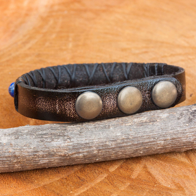 Lapis lazuli and leather wristband bracelet, 'Rock Walk in Blue' - Artisan Crafted Lapis Lazuli and Leather Band Bracelet