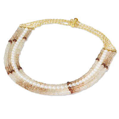 Collar multihilos de perlas cultivadas y piedras preciosas bañadas en oro - Collar de topacio marrón, granate y perla cultivada