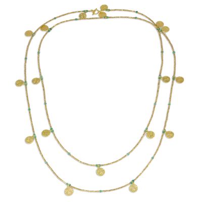 Gold plated chalcedony waterfall necklace, 'Golden Rain' - Thai 24k Gold Plated Brass Green Chalcedony Long Necklace
