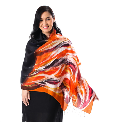 Silk batik shawl, 'Marigold Flames' - Black 100% Silk Batik Shawl with Orange and Yellow