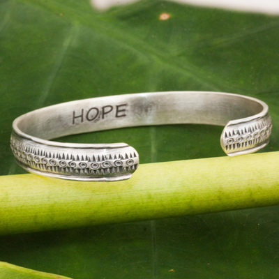 Sterling silver cuff bracelet, 'Hill Tribe Hope' - Inspirational Hand Stamped Hill Tribe Silver Bracelet