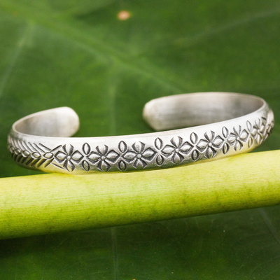 Sterling silver cuff bracelet, 'Find Peace' - Floral Sterling Silver Peace Bracelet from Thailand