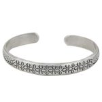 Sterling silver cuff bracelet, 'Find Peace' - Floral Sterling Silver Peace Bracelet from Thailand