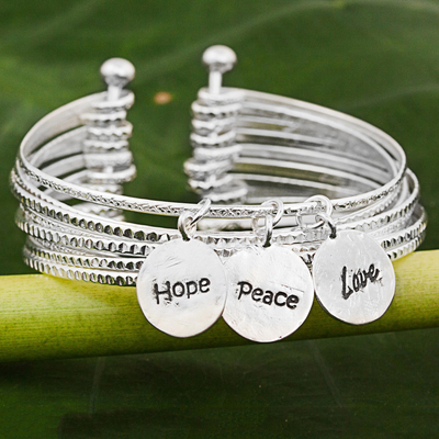 Sterling silver cuff bracelet, 'Hope, Peace and Love' - Sterling Silver Cuff Charm Bracelet from Thailand