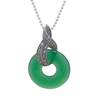 Chalcedony and marcasite pendant necklace, 'Mandarin Moon' - Handmade Green Chalcedony and Marcasite Pendant Necklace