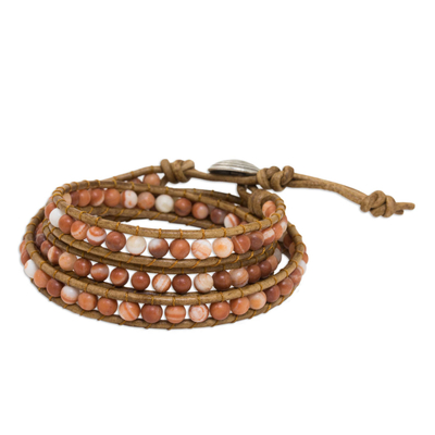 Jasper, silver and leather wrap bracelet, 'Cozy Brown' - Thai Jasper and Leather Cord Bracelet with Silver Clasp