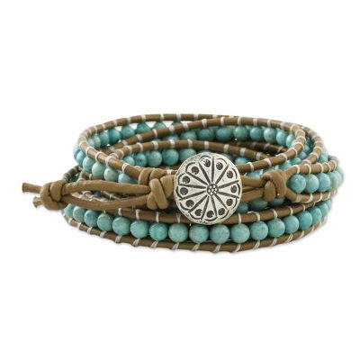 Serpentine wrap bracelet, 'Thai Mint' - Aqua Serpentine Hand Knotted Wrap Bracelet from Thailand