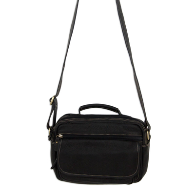 Compact Black Leather Handcrafted Unisex Shoulder Bag