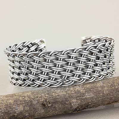 Sterling silver cuff bracelet, Hill Tribe Basketweave